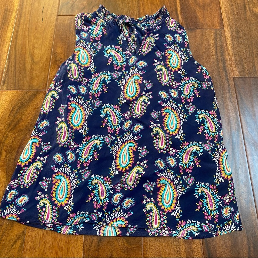 Talbots Womens Blouse Top Small Navy Multi Paisley Floral Sleeveless Split Neck